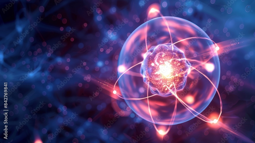 Create an image of an electron cloud surrounding the nucleus of an atom, depicting the probabilistic nature of electron positions in quantum mechanics. Create an image of an electron cloud surrounding the nucleus of an atom, depicting the probabilistic nature of electron positions in quantum mechanics.