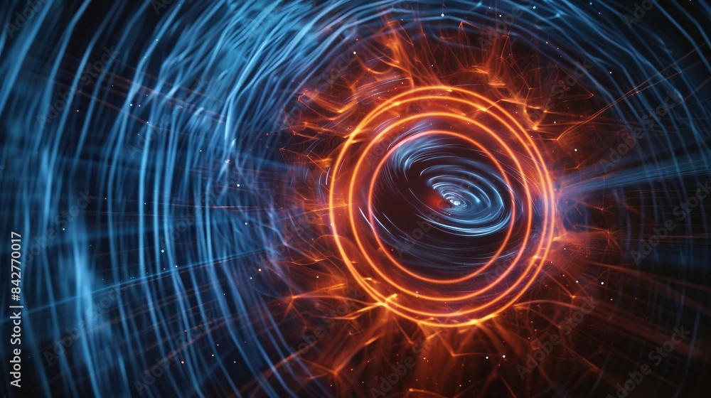Create an image of an electron in a magnetic field, showing the circular motion due to the Lorentz force acting on the moving charge. Create an image of an electron in a magnetic field, showing the circular motion due to the Lorentz force acting on the moving charge.