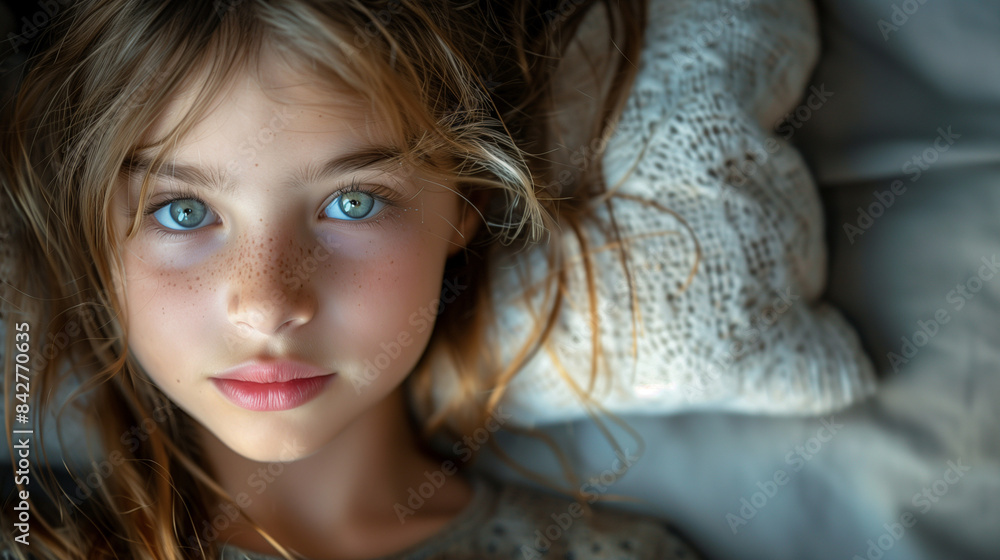 young blond serious girl with blue eyes laying on the bed and looking directly into camera (photographer); close-up to sad, depressed kid in bedroom young blond serious girl with blue eyes laying on the bed and looking directly into camera (photographer); close-up to sad, depressed kid in bedroom
