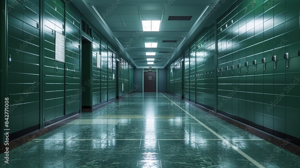 Empty school corridor with line up lockers Empty school corridor with line up lockers