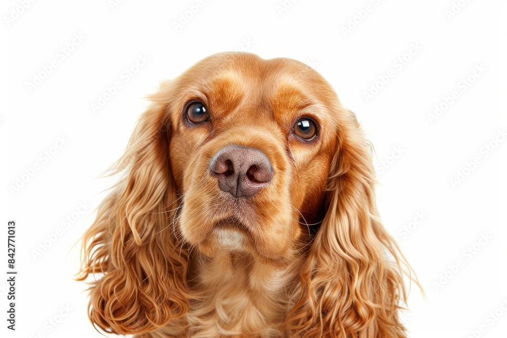 Cocker Spaniel with Long Ears and a Gentle Smile: A Cocker Spaniel with long ears and a gentle smile, radiating warmth and friendliness. photo on white isolated background