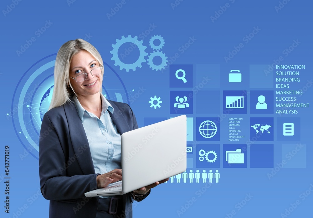 Photo collage of young woman browsing infographic presentation Photo collage of young woman browsing infographic presentation