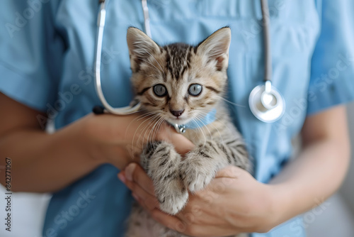 Cropped image of veterinarian doctor with stethoscope holding cute pet cat in his arms © Oksana