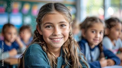 Diverse children engaged in educational program on screen in vibrant, colorful classroom setting