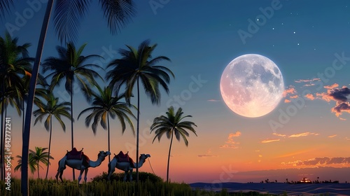 Serene Landscape with Camels,Palm Trees and Rising Moon Capturing Eid Ul Adha Spirit photo