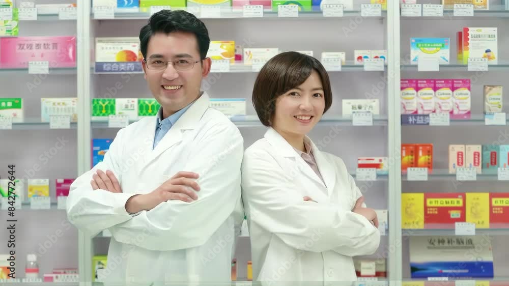 Cheerful Friendly pharmacist ready to advise patients or sell medication, laughing while standing in front of shelves of medicine, working at a pharmacy of a hospital or clinic Cheerful Friendly pharmacist ready to advise patients or sell medication, laughing while standing in front of shelves of medicine, working at a pharmacy of a hospital or clinic