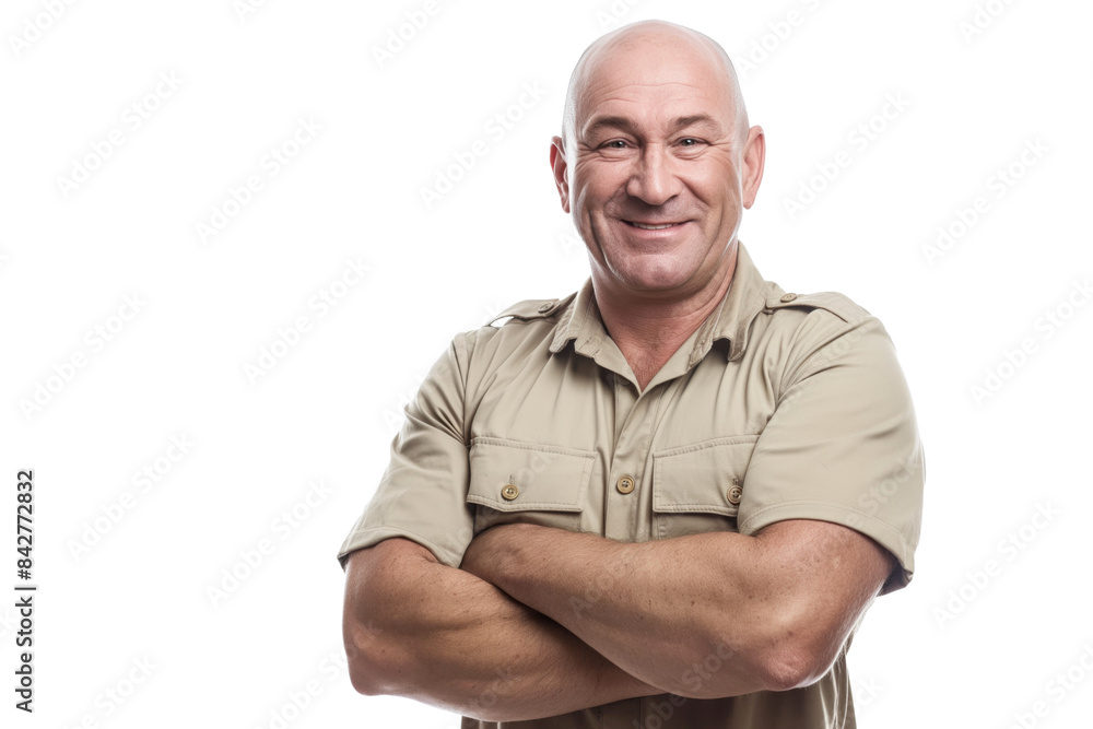 Smiling Bald Senior Man in Khaki Shirt with Arms Crossed on White Background
