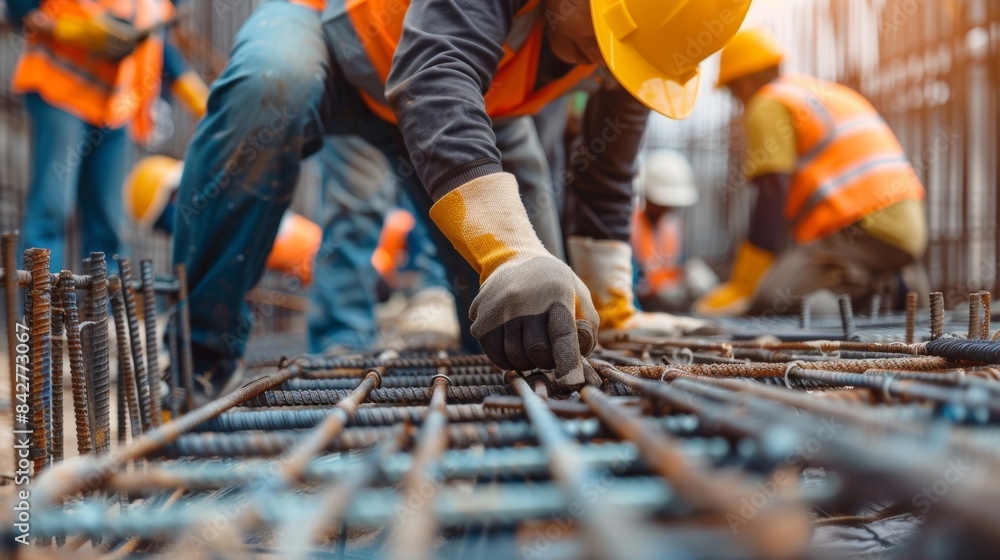 A team of skilled workers work together to assemble intricate prefabricated building elements showcasing their efficient teamwork. A team of skilled workers work together to assemble intricate prefabricated building elements showcasing their efficient teamwork.