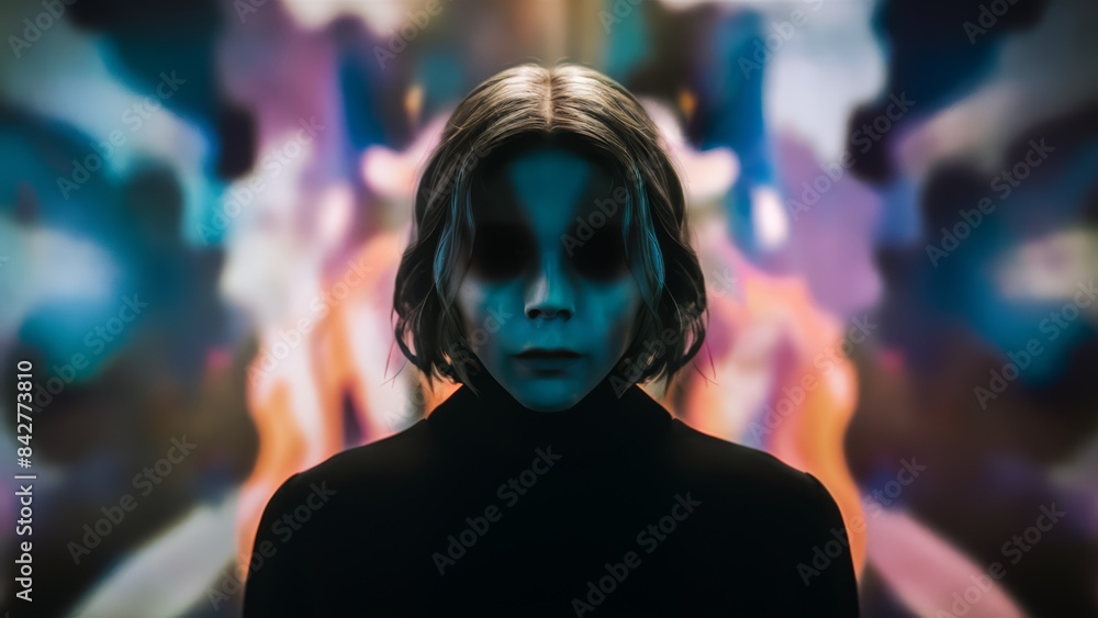 A woman with a creepy face in front of colorful background, AI A woman with a creepy face in front of colorful background, AI