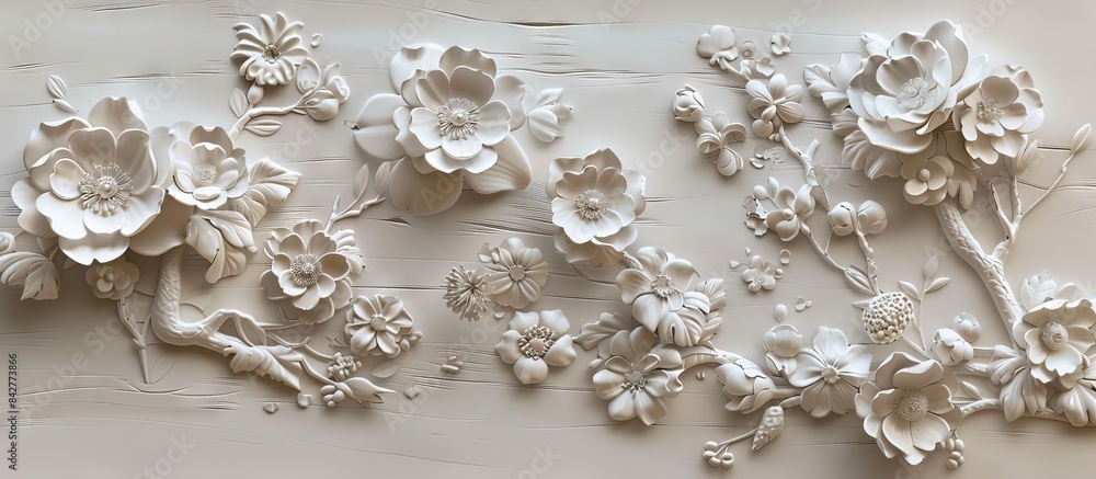 Beautiful flower 3d relief wallpaper. Mural wallpaper. Wall art. AI generated illustration. Beautiful flower 3d relief wallpaper. Mural wallpaper. Wall art. AI generated illustration.