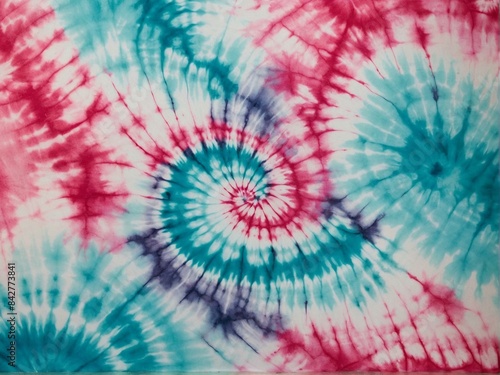 A swirling tie-dye pattern with a dynamic mix of red and blue hues creates an eye-catching textile design