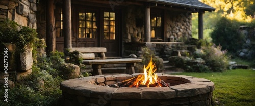 A tranquil stone fire pit setting ablaze in the garden of a stone-built country house, captured during the serene evening hours photo