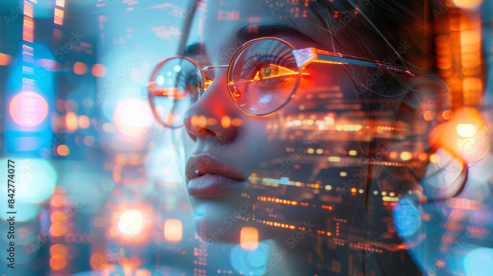 cyberpunk portrait with glowing neon elements, selective focus, sci-fi theme, dynamic, double exposure, urban backdrop cyberpunk portrait with glowing neon elements, selective focus, sci-fi theme, dynamic, double exposure, urban backdrop