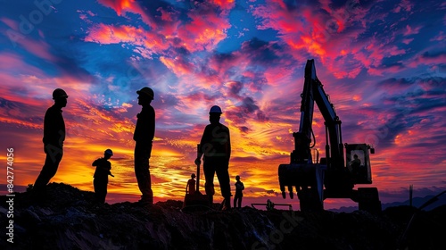 Silhouette of construction workers and heavy machinery against a vibrant sunrise sky. The image captures the essence of industrial progress and the energy of a new day on the job site photo