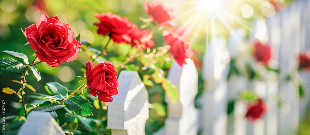 Fototapeta premium On a sunny summer day a cluster of vibrant red roses bloom gracefully in white fence