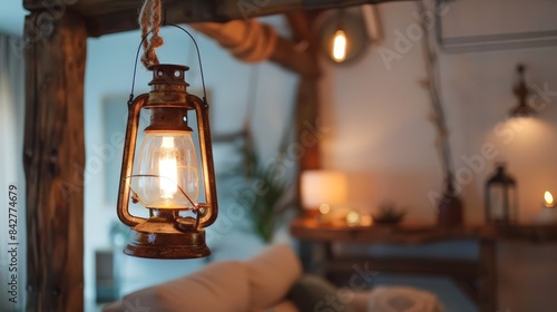 Design a scene of a vintage lantern-style lamp hanging from a rustic beam, creating a cozy and inviting atmosphere. © peerawat