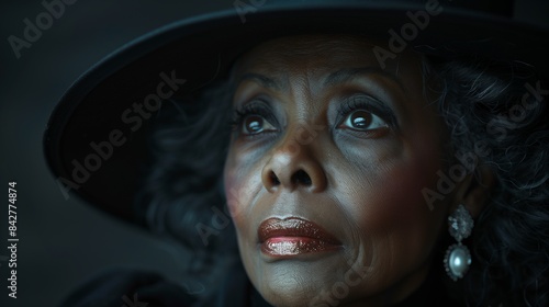 Portrait of an senior African woman wearing black clothing. Elderly widow woman. Funeral concept.