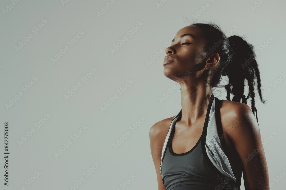 Fototapeta premium Athletic Fashion Model in Stylish Activewear Poses Against White Background with Copy Space