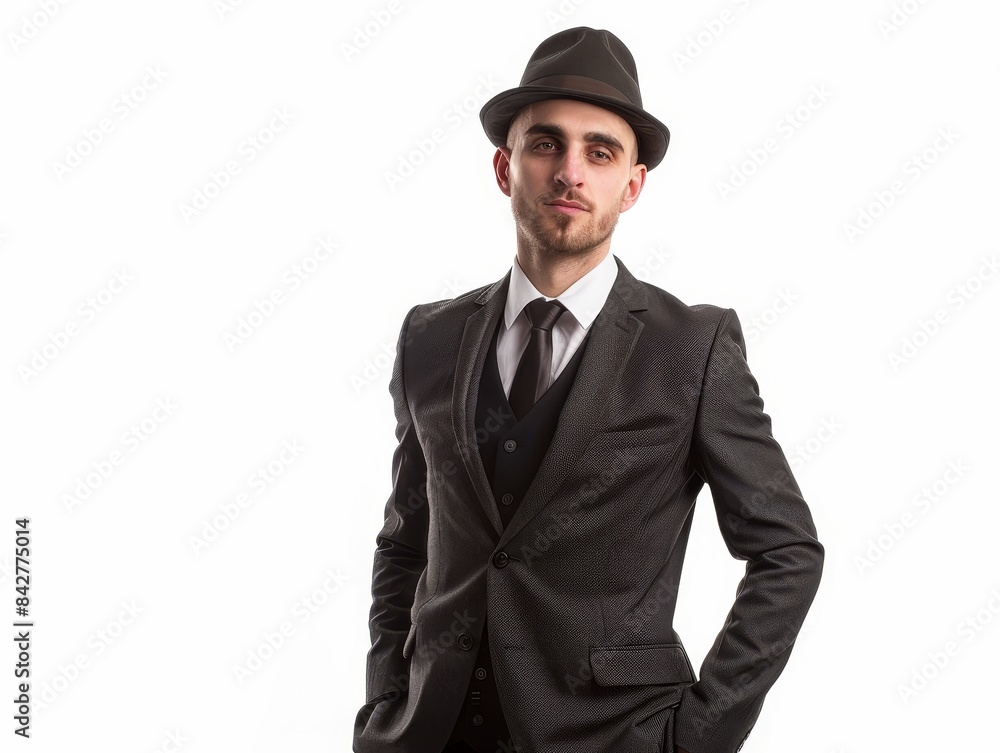 Elegant Model Posing in Classic Attire on White Background with Copyspace on the Left Elegant Model Posing in Classic Attire on White Background with Copyspace on the Left