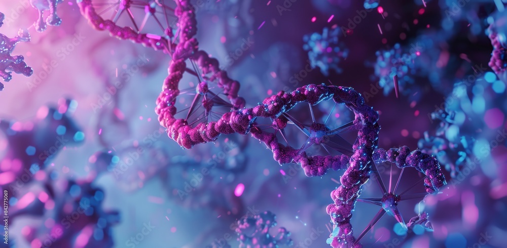 3d render of double helix DNA with microscopic elements, vibrant blue and pink color scheme, glowing particles, dynamic composition, science concept background 3d render of double helix DNA with microscopic elements, vibrant blue and pink color scheme, glowing particles, dynamic composition, science concept background