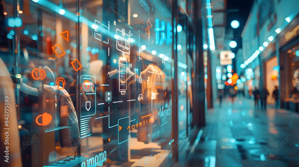 Digital overlays blending with the shopping environment in a futuristic depiction of commerce Digital overlays blending with the shopping environment in a futuristic depiction of commerce