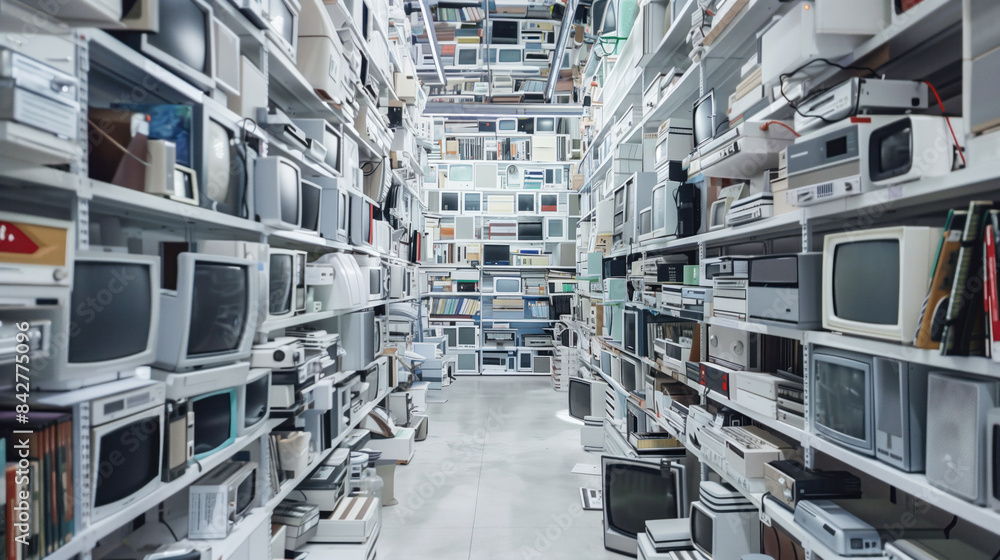 Big warehouse filled with old computers and other electronics. Background image. Created with Generative AI technology. Big warehouse filled with old computers and other electronics. Background image. Created with Generative AI technology.