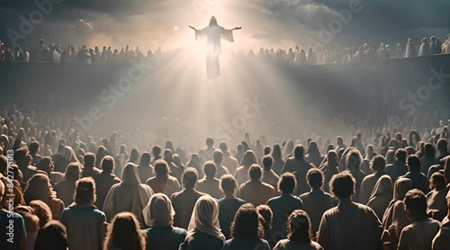 A large crowd of people in robes looking up at a figure ascending into the sky, bathed in heavenly light.