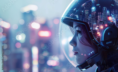 Wallpaper Mural A person in a reflective helmet and orange suit in a futuristic cityscape. Torontodigital.ca