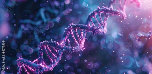 3d render of double helix DNA with microscopic elements, vibrant blue and pink color scheme, glowing particles, dynamic composition, science concept background