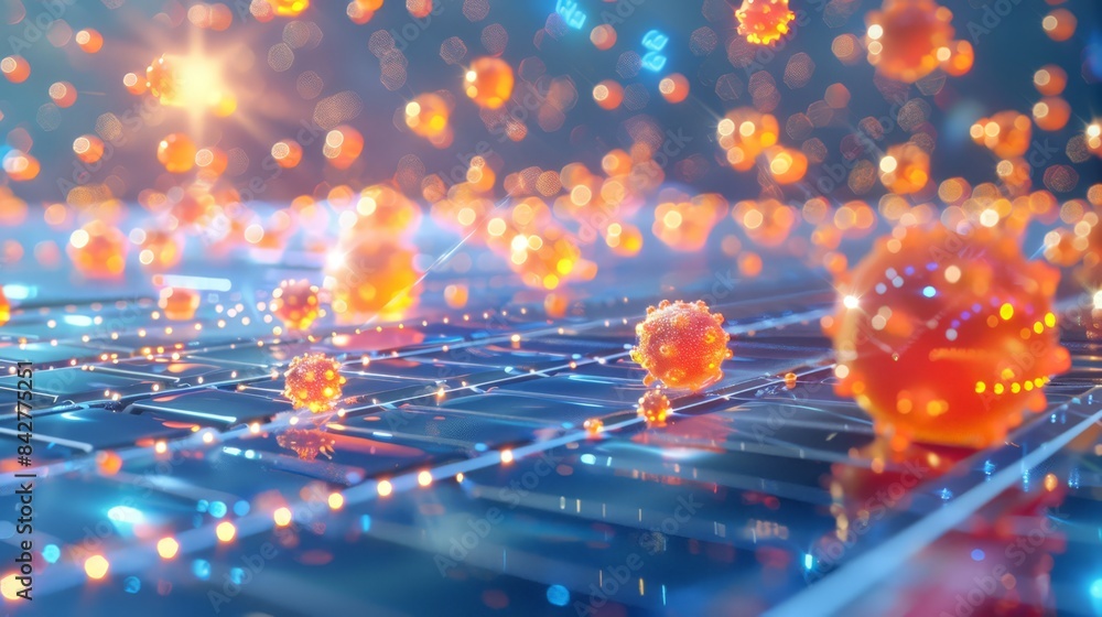 Design a scene showing electron-hole pairs in a photovoltaic cell, illustrating the generation of electrical current from light in solar panels.