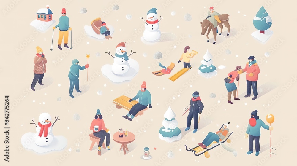 Isometric illustration of people enjoying winter activities. Isometric illustration of people enjoying winter activities.