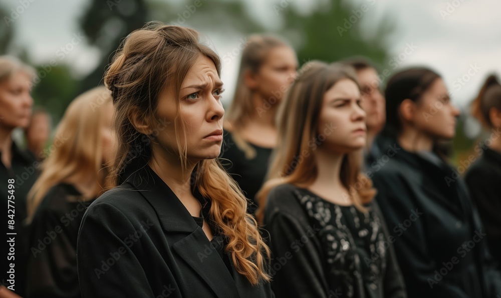 Funeral ceremony. Sad people mourning outdoors Funeral ceremony. Sad people mourning outdoors