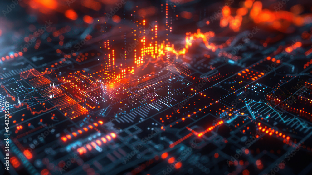 Obraz premium Glowing circuit board with data analytics graphs