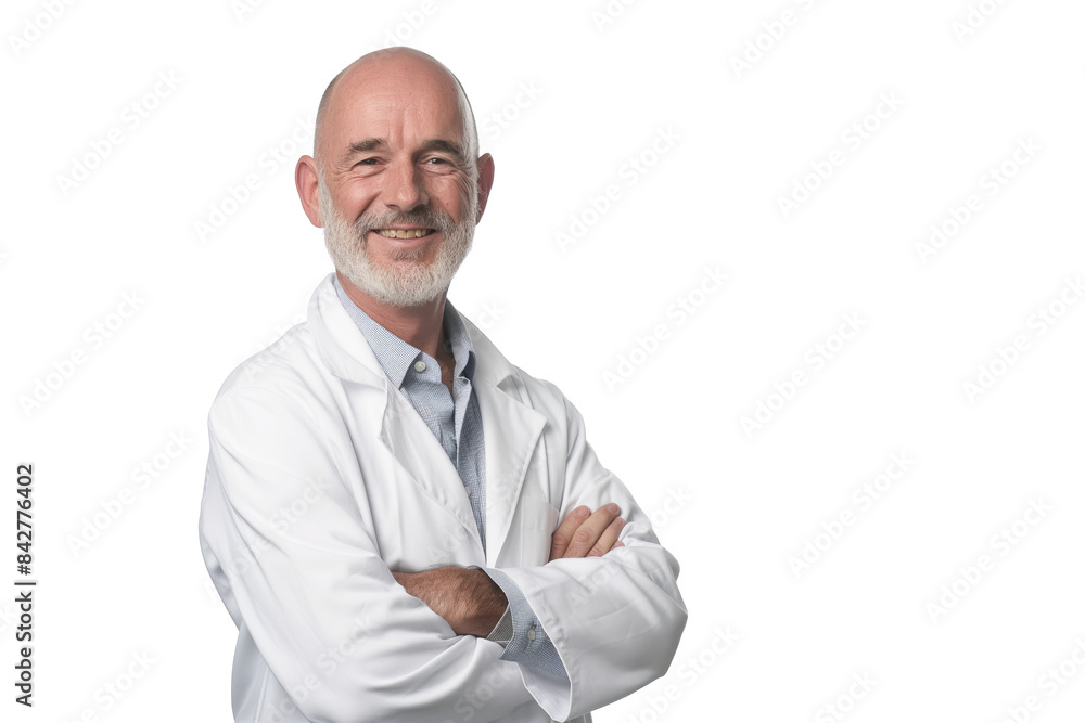 Smiling Bald Senior Doctor in White Lab Coat on White Background Smiling Bald Senior Doctor in White Lab Coat on White Background