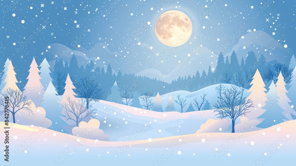 Snowy winter landscape with full moon and pine trees. Snowy winter landscape with full moon and pine trees.