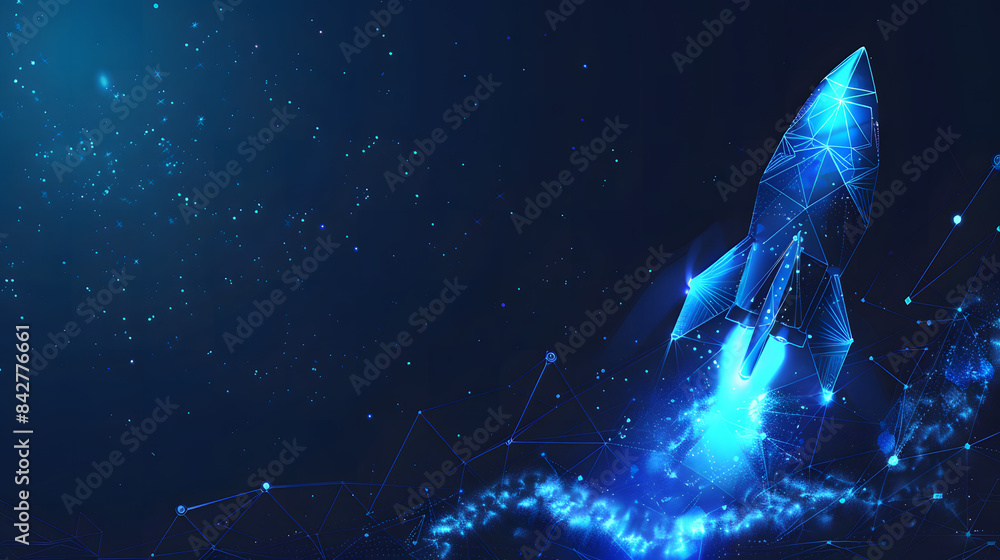 The image depicts a stylized rocket launch surrounded by a network of lines and dots, set against a deep blue starry sky The image depicts a stylized rocket launch surrounded by a network of lines and dots, set against a deep blue starry sky