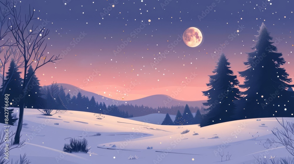 Snowy winter landscape with full moon and starry night sky. Snowy winter landscape with full moon and starry night sky.