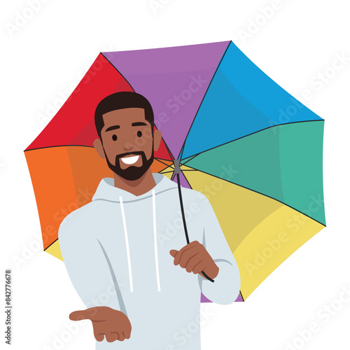 Young man smiling happily with friendly and offering umbrella concept. Flat vector illustration isolated on white background