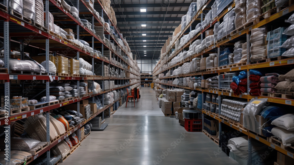 Big warehouse filled with goods. Background image. Created with Generative AI technology. Big warehouse filled with goods. Background image. Created with Generative AI technology.