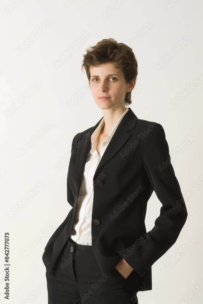 Confident Business Model in Suit Standing Against White Background with Copy Space Confident Business Model in Suit Standing Against White Background with Copy Space