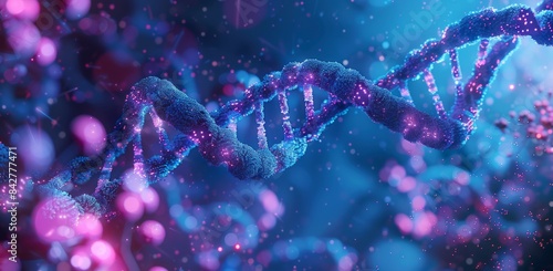 3d render of double helix DNA with microscopic elements, vibrant blue and pink color scheme, glowing particles, dynamic composition, science concept background © K'kriang Krai
