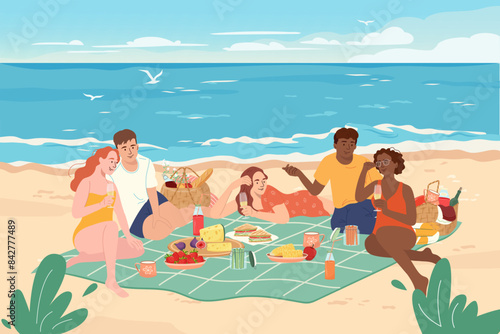 Group of smiling friends at picnic on seaside. Bundle of young men and women spend time together on seashore. Cute funny people with baskets having lunch on sandy beach. Flat vector illustration