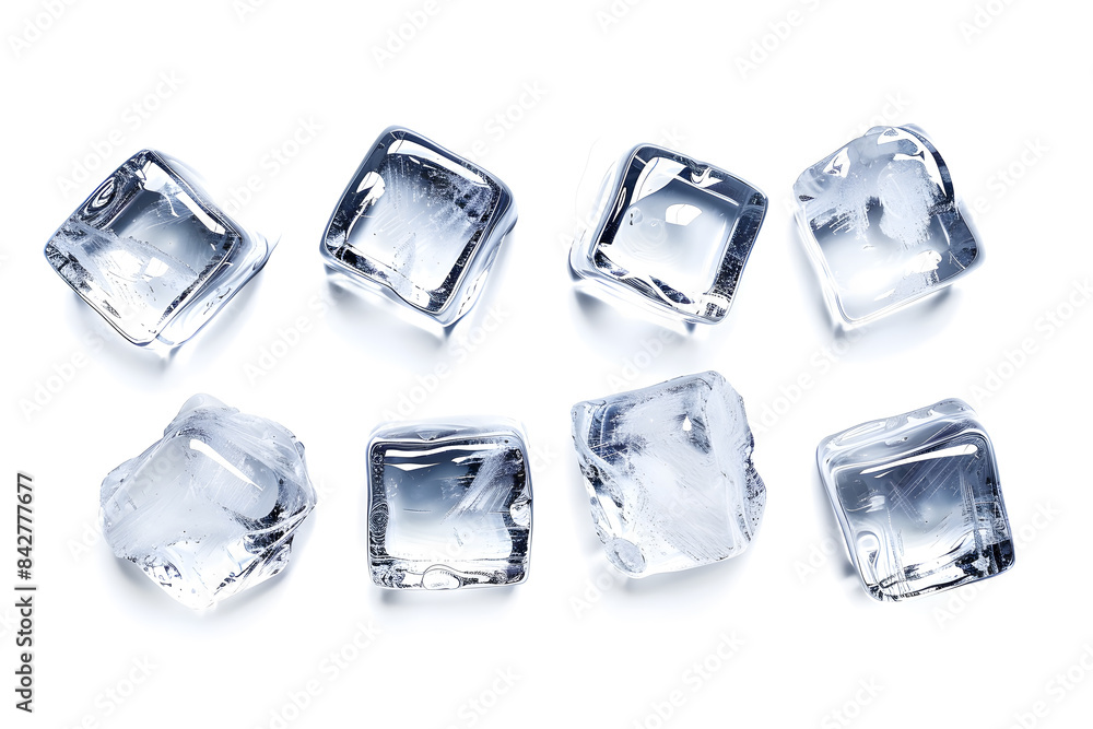 Ice cubes collection top view isolated on white background