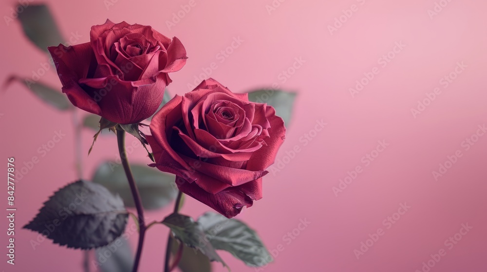 Red roses on pink background with copy space for Valentine's Day, Red roses on pink background with copy space for Valentine's Day,
