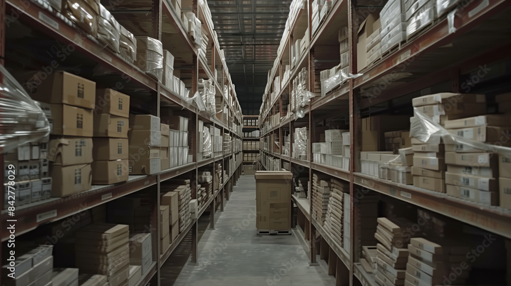 Big warehouse filled with goods. Background image. Created with Generative AI technology. Big warehouse filled with goods. Background image. Created with Generative AI technology.