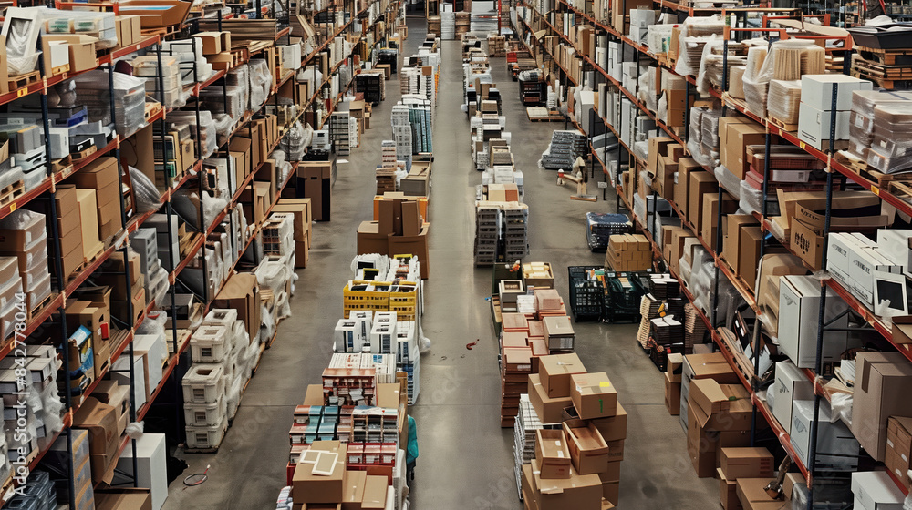 Fototapeta premium Big warehouse filled with goods. Background image. Created with Generative AI technology.