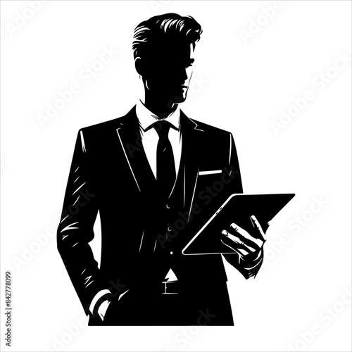 
A man in a suit is holding a tablet Businessman stands with a tablet vector silhouette. Vector silhouette of businessman with tablet