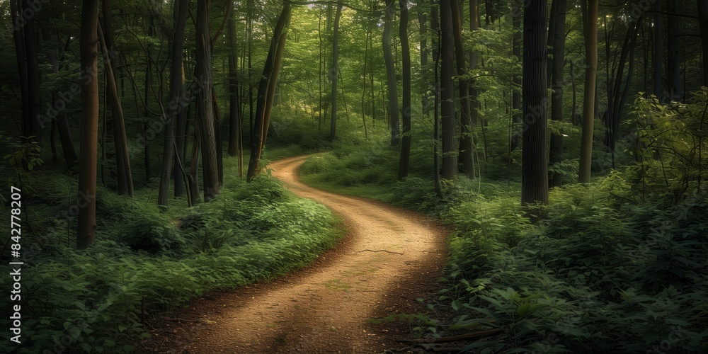 Obraz premium Photography of a winding path through a lush forest leading to an unknown destination