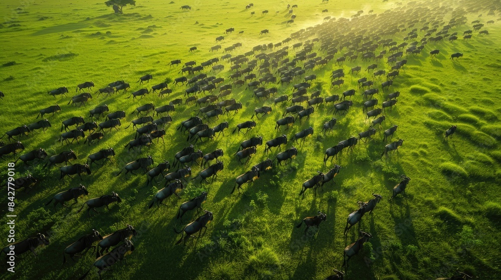 Aerial view of wildebeest herd migrating at sunrise in savannah Aerial view of wildebeest herd migrating at sunrise in savannah