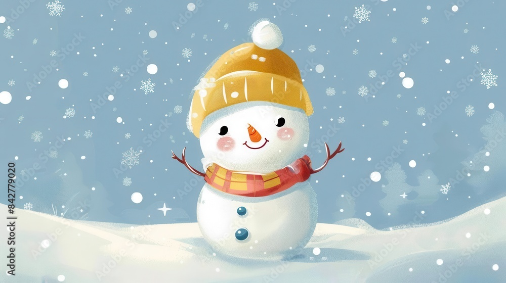 Fototapeta premium adorable kawaii snowman character with simple winter background cute digital illustration